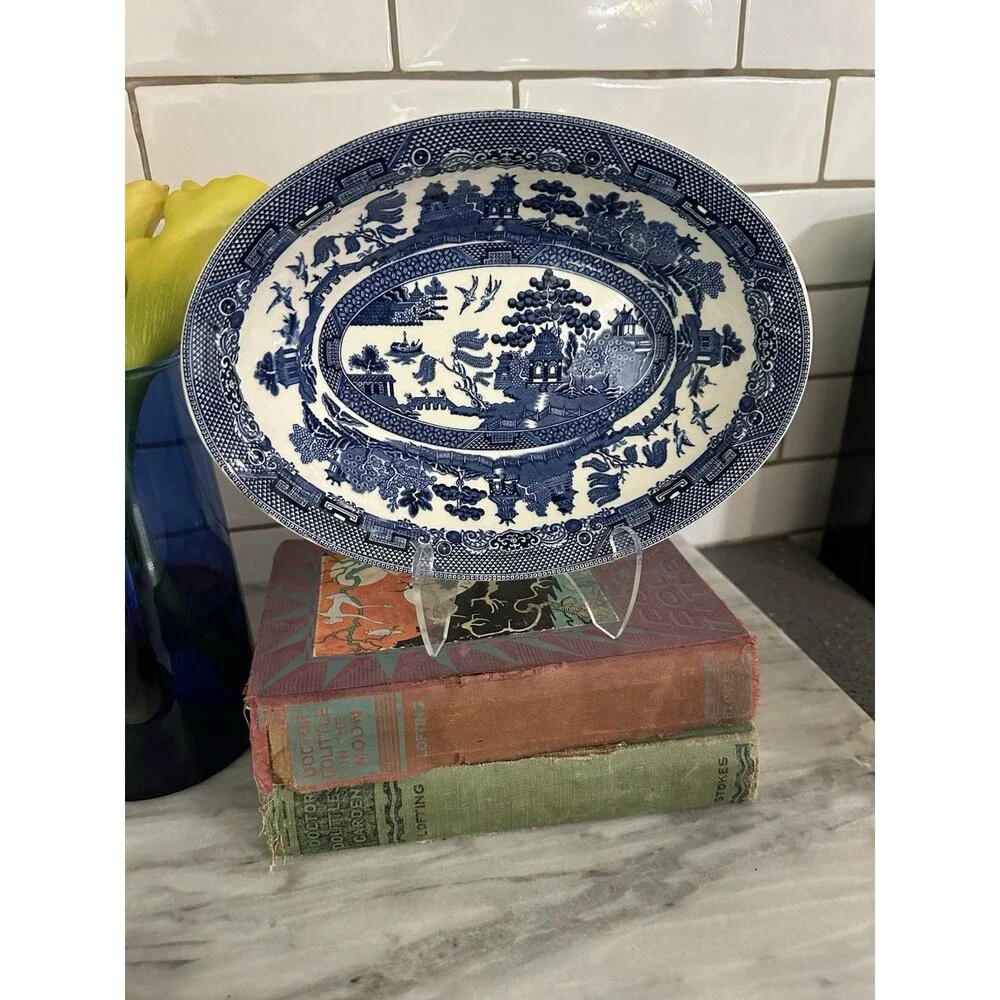 Johnson Bros Blue Willow Vegetable Serving Bowl 9” England Oval Bowl Vintage